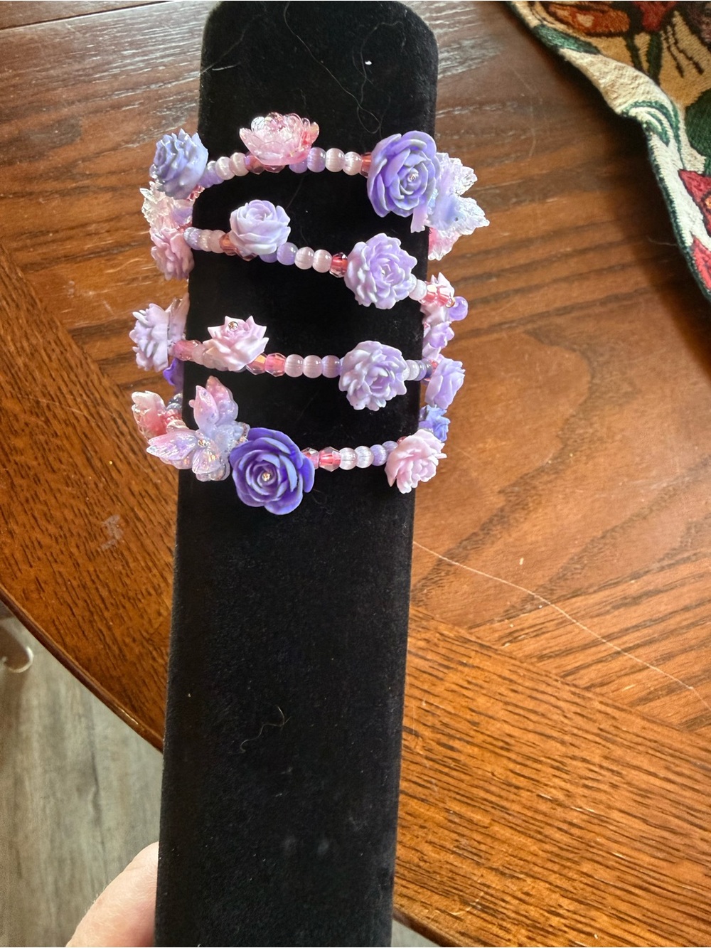 Purple Floral Beaded Bracelet /Necklace showing versatility.